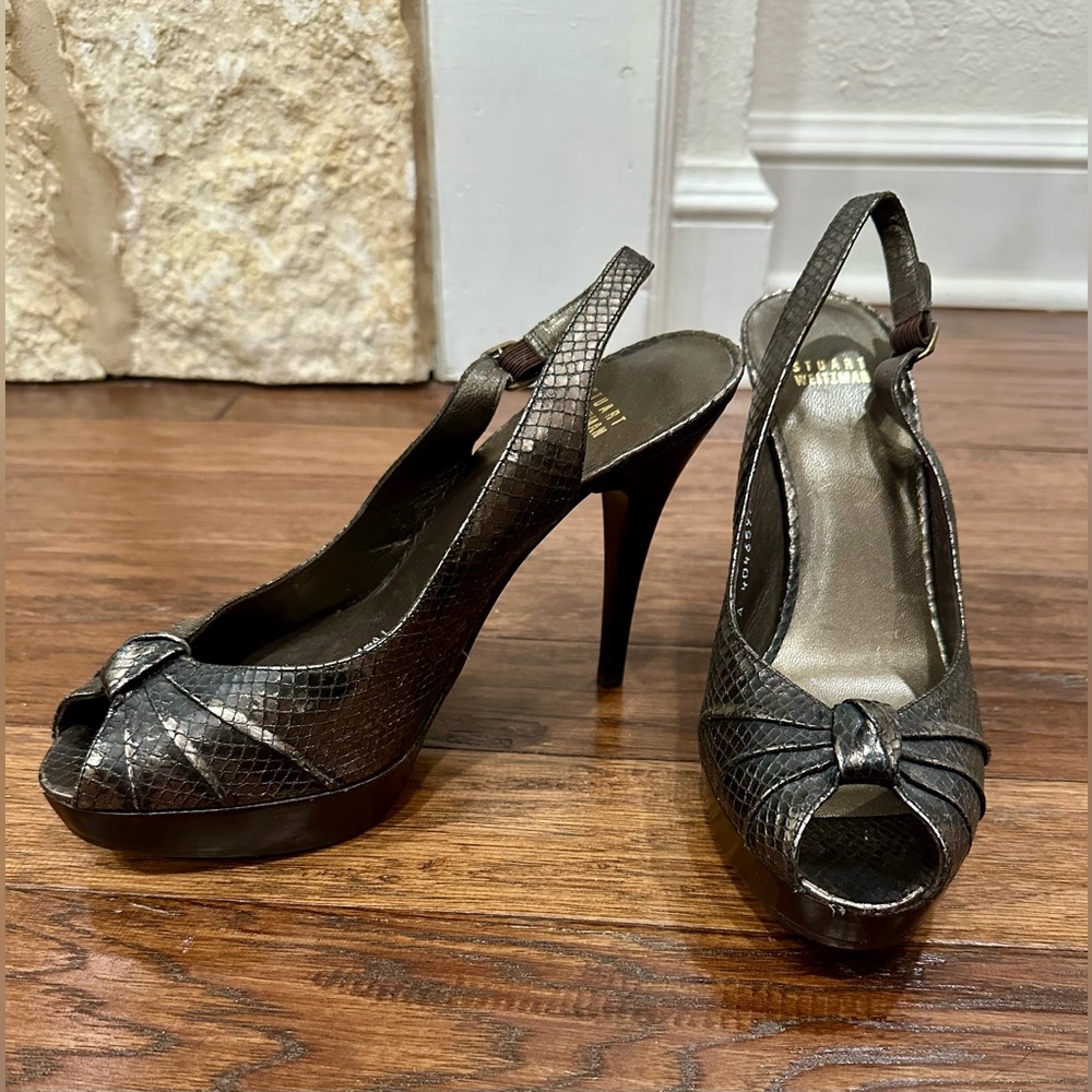 Stuart Weitzman Slingback Peep Toe Heels in Black & Metallic Women’s Size 9